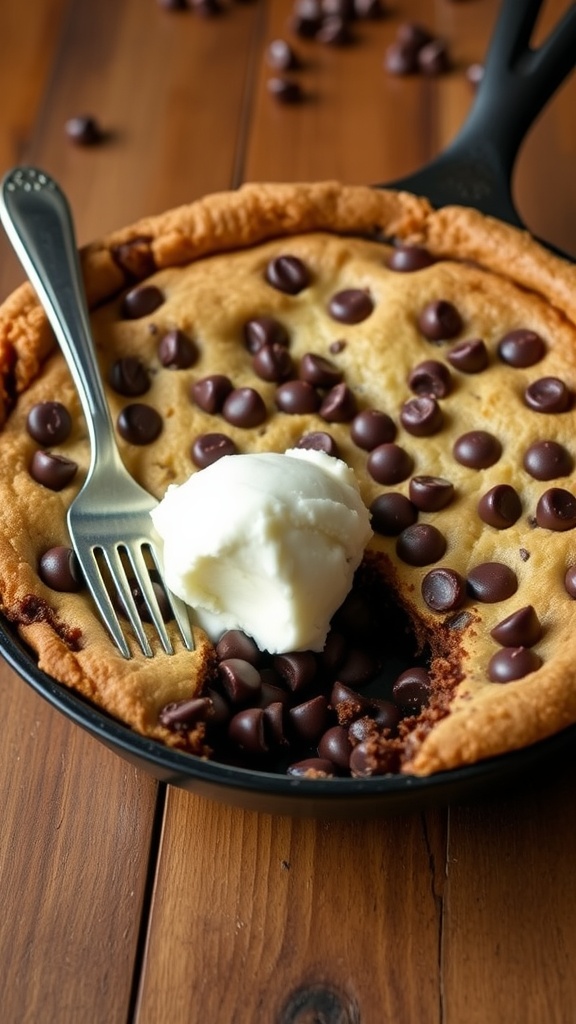 A delicious chocolate chip cookie skillet with melted chocolate chips, served with a scoop of ice cream on a wooden table.